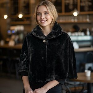 Nina Leonard Luxurious Black Faux Fur Capelet